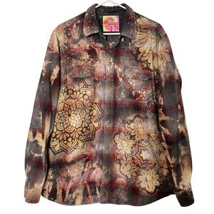 Handmade Floral Flannel Shirt Mens Size XL Unisex Bleached Plaid Button Down